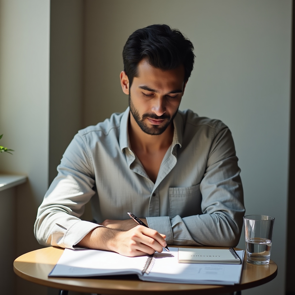 Professional pausing thoughtfully over a strategy document, pen in hand, in a quiet minimalist office with afternoon light