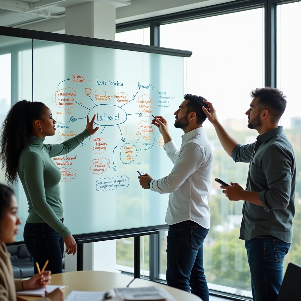 Team members collaborating around a whiteboard mapping out content strategy with voice search considerations