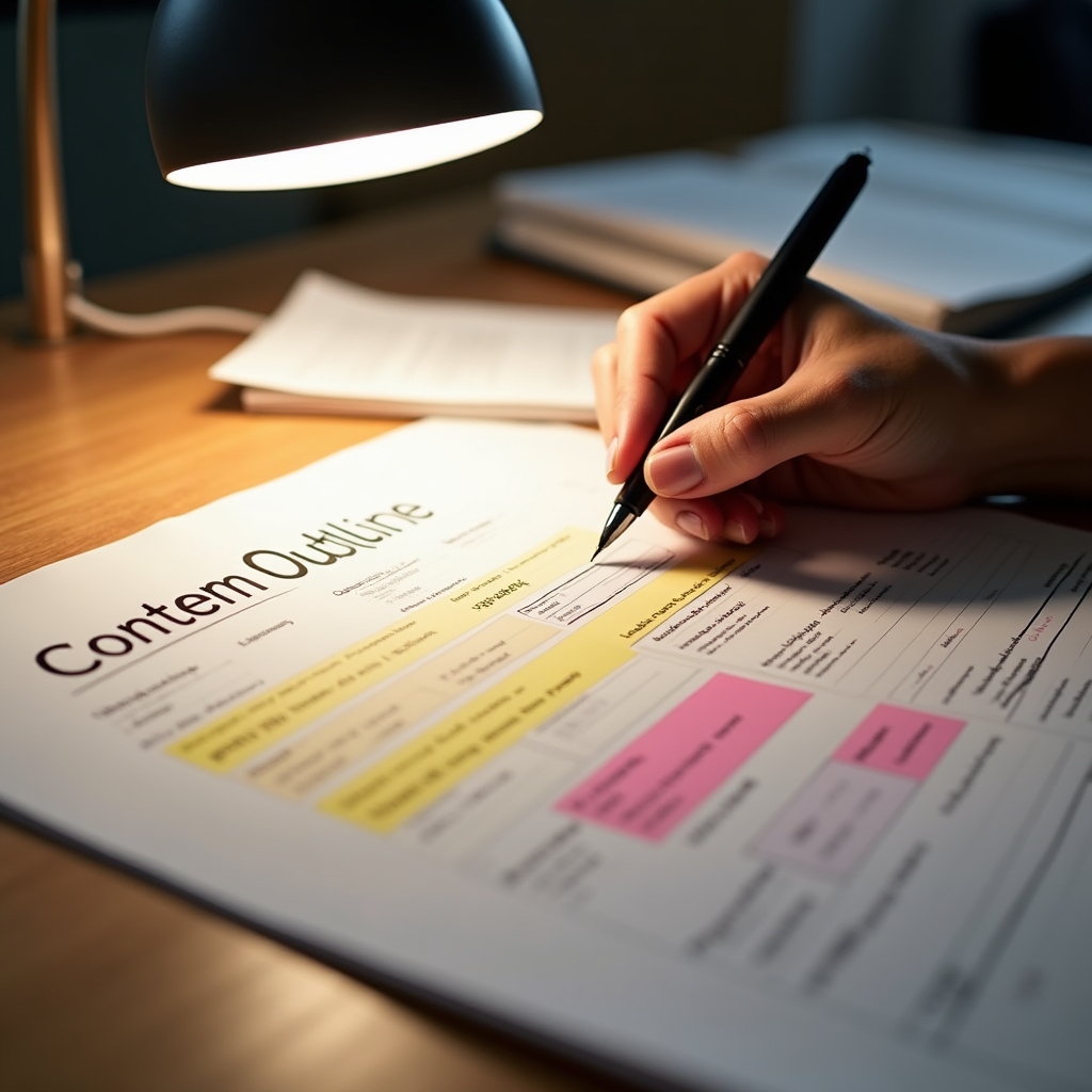 Professional reviewing a content outline document with highlighted sections indicating question-based content patterns