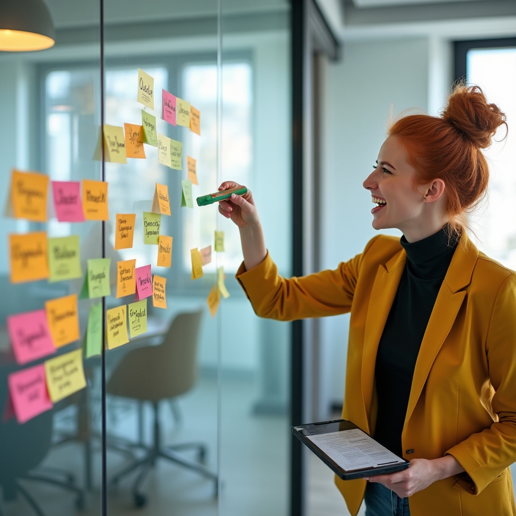 Researcher with sticky notes and a laptop mapping out conversational keyword phrases and long-tail query patterns on a glass board