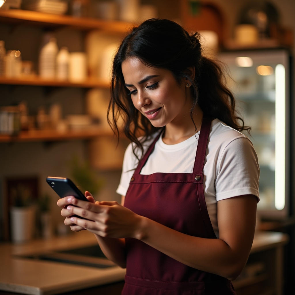 Small business owner using a smartphone to check how their business appears in voice search results while standing in their shop