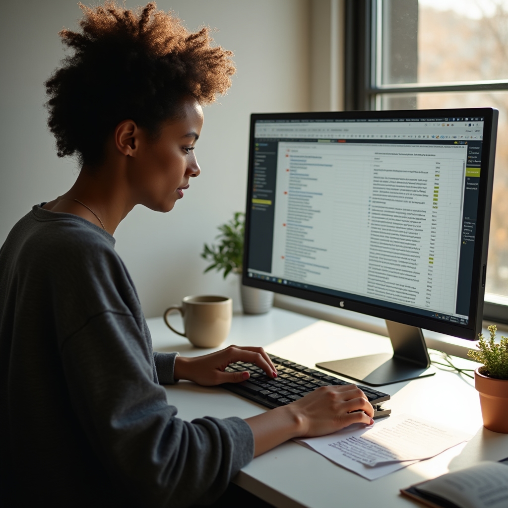 Content researcher at a clean desk reviewing voice search data on dual monitors with notes and coffee