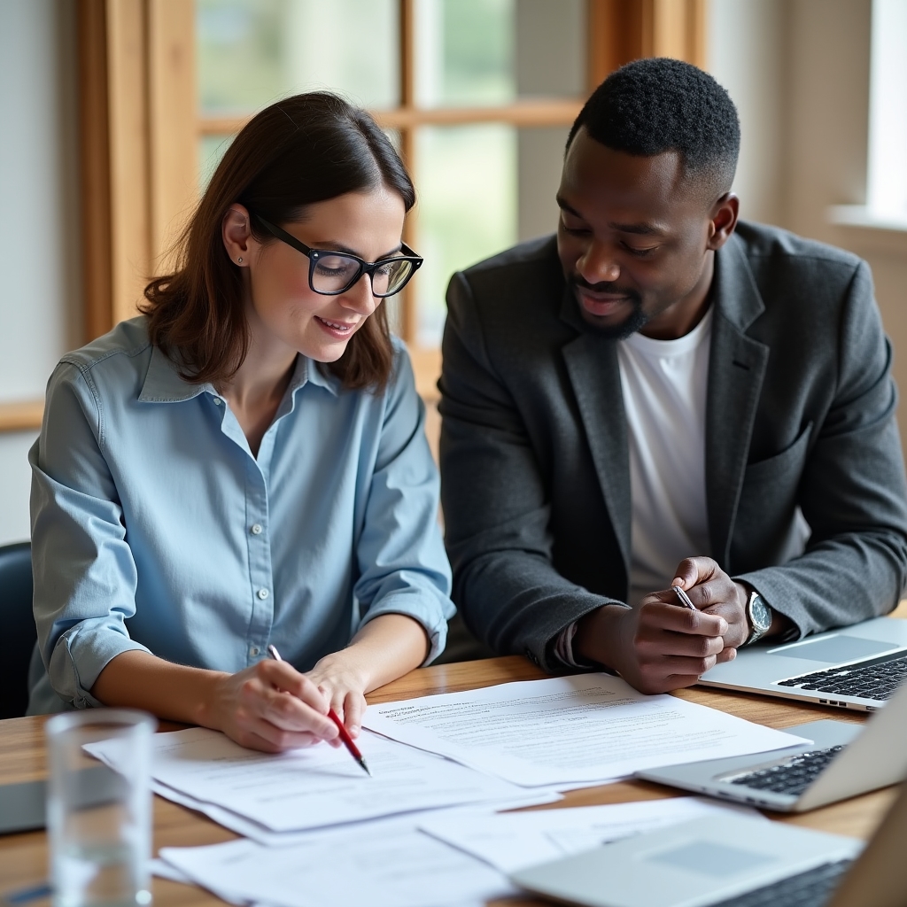 Two professionals reviewing printed content strategy documents together at a bright conference table with laptops nearby