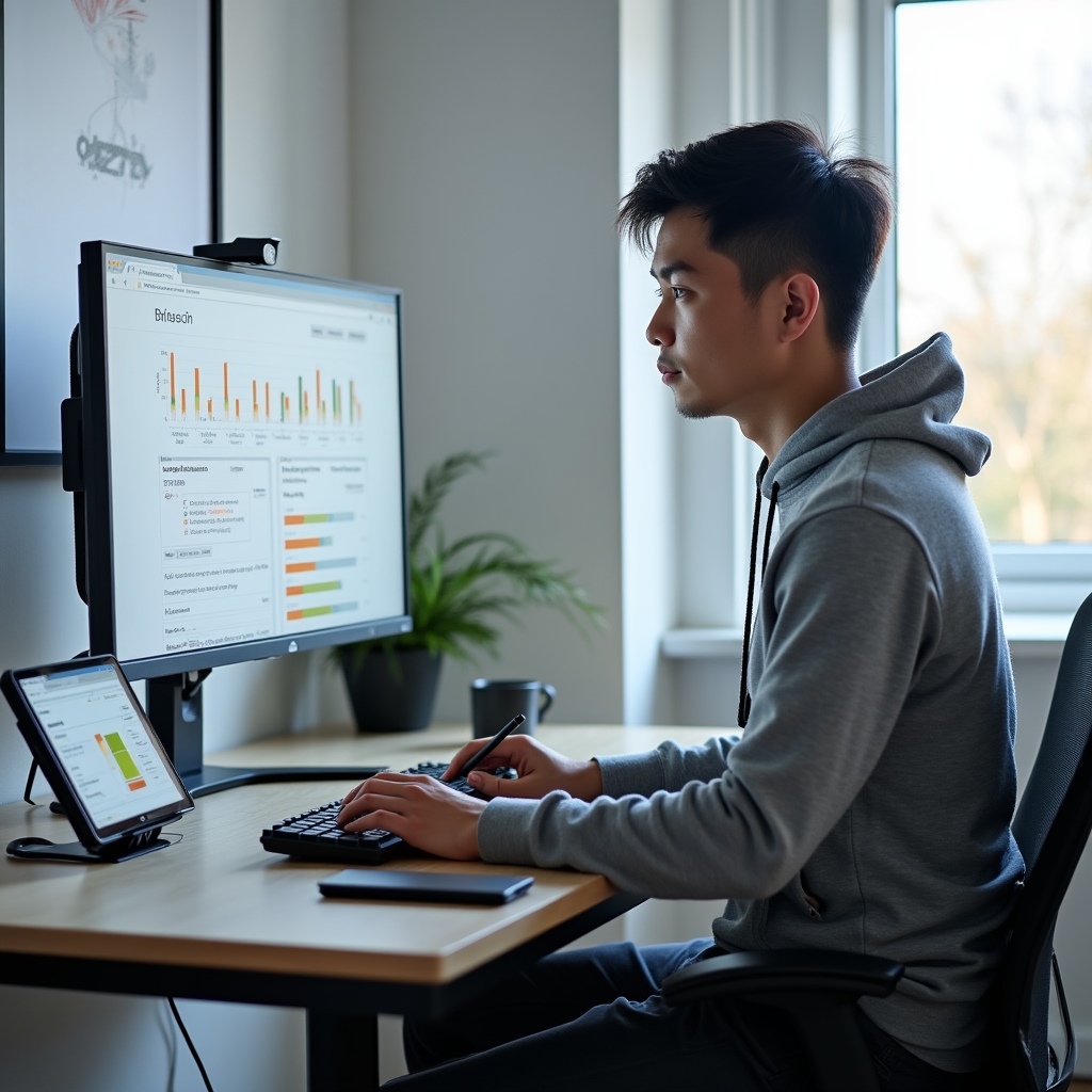 Technical specialist at a laptop reviewing site speed metrics and structured data markup in a bright modern workspace