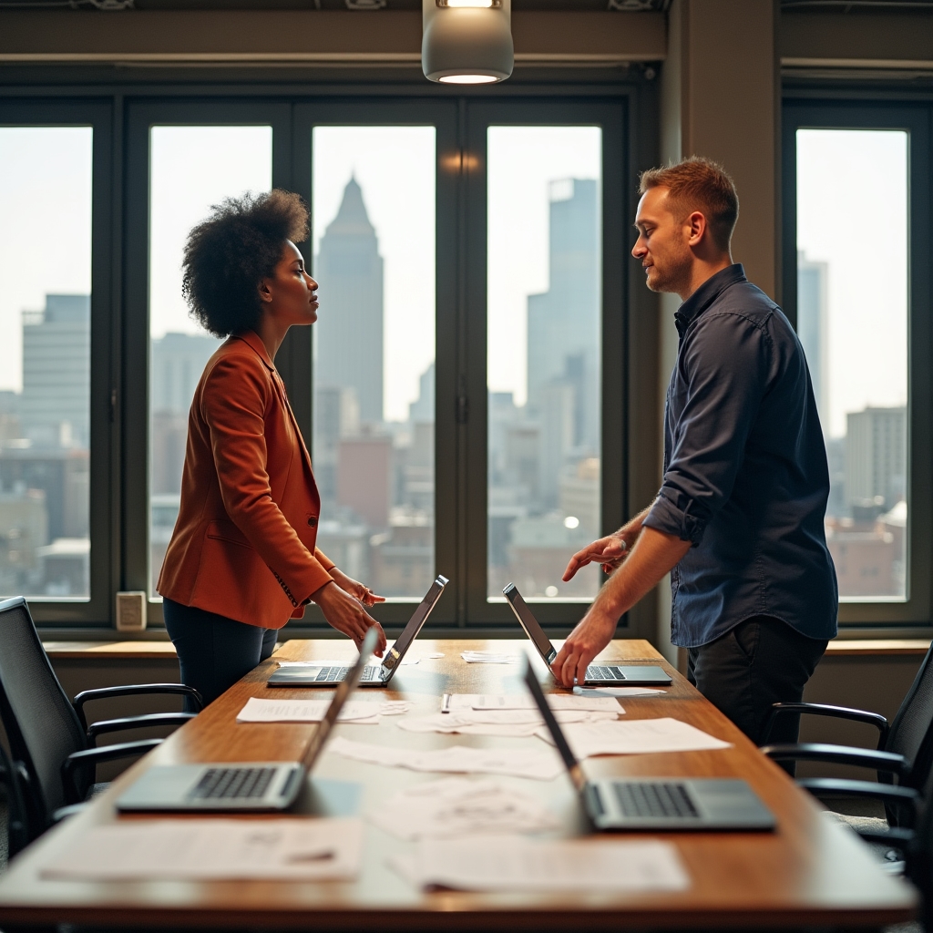 Content strategists discussing voice search optimization approaches in a modern conference room
